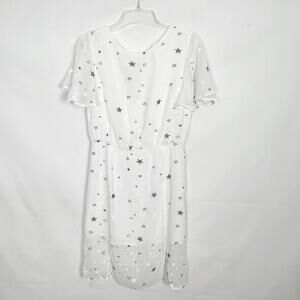 Lucca Star Print Sheer White Flutter Sleeve Dress Size Small